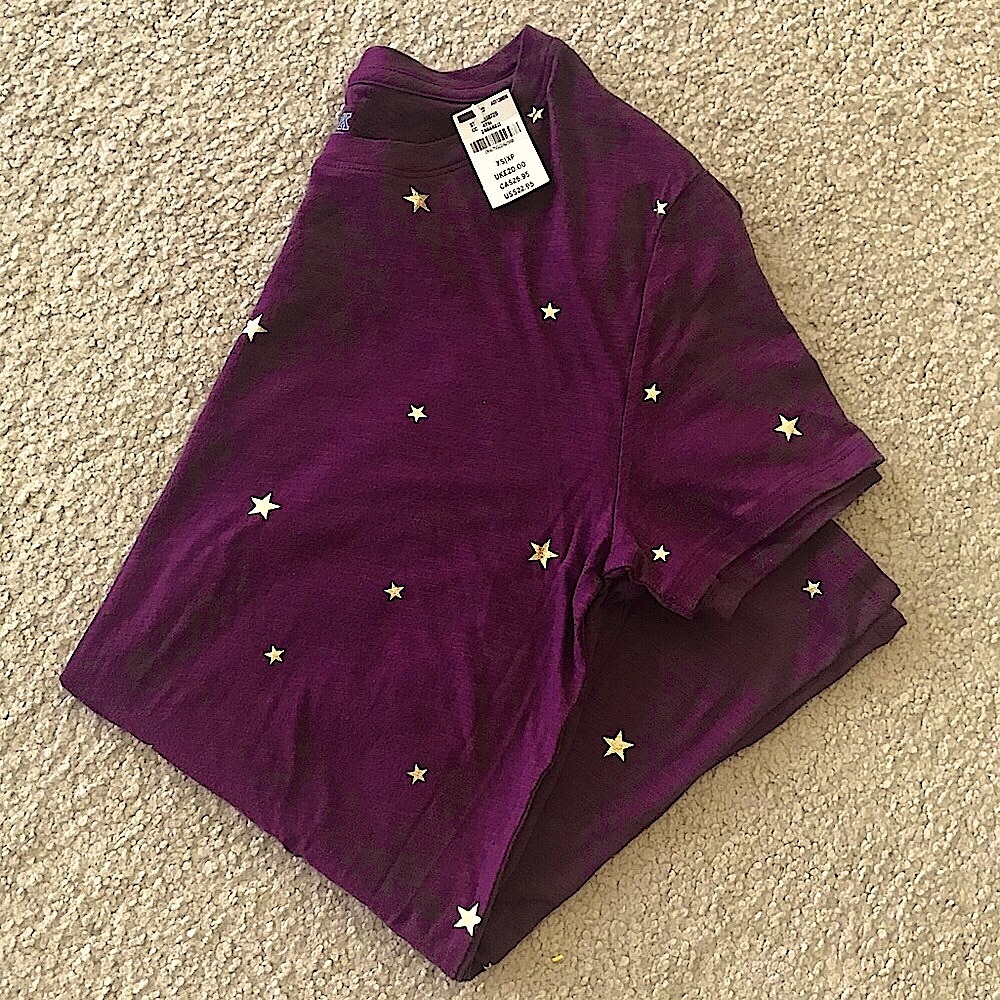 🆕🔥PINK BY VS VERY CUTE MAROON&GOLD STARS CREW NECK SHORT SLEEVE SHIRT NWT!!